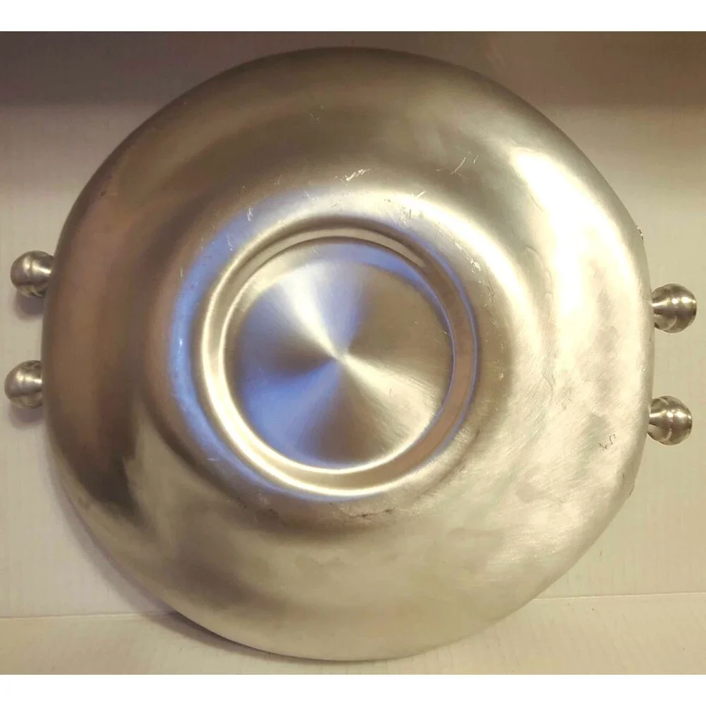 Floral Repousse Vintage Aluminum Serving Bowl Scalloped Beaded Edge Ball Handles
